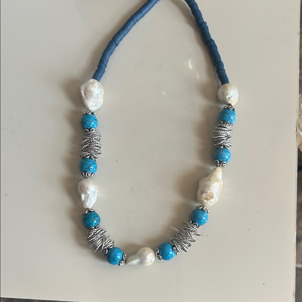 Blue Turquoise & REAL Pearl Statement Necklace